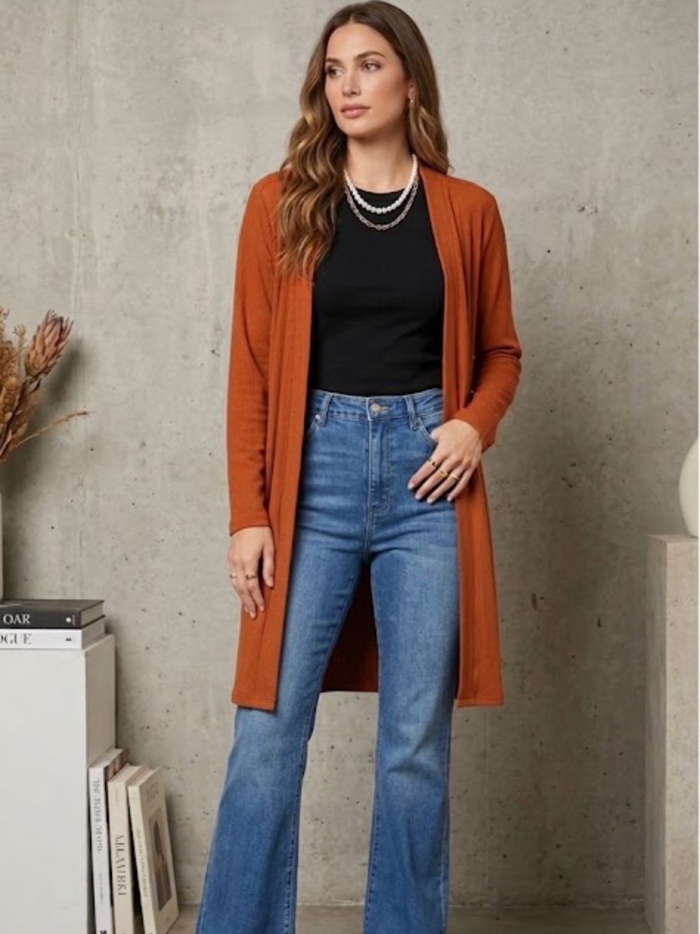 Iman Comfy Chic Ribbed Hacci Knit Duster Cardigan in Pumpkin Spice Size XL
